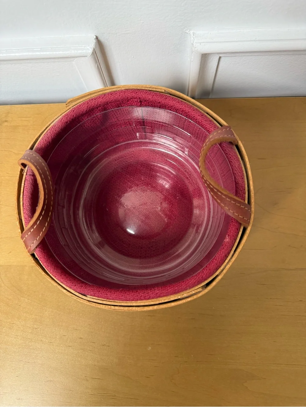 Longaberger Woven Basket with Burgundy Liner and Brown Leather Handles